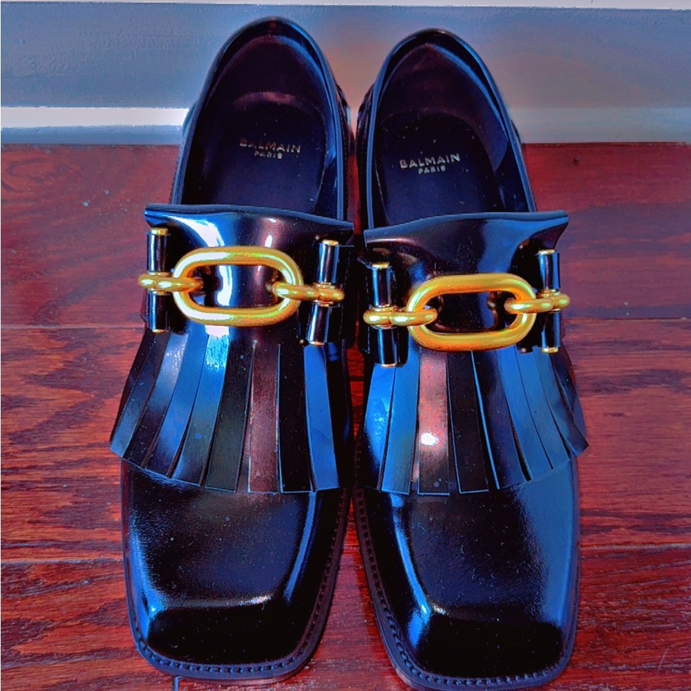 Balmain Black Loafers with Gold Chain Detail